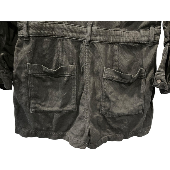 Good American Romper Black Denim Long Sleeve Size 2 Shorts Casual Pockets Snaps - Picture 6 of 7